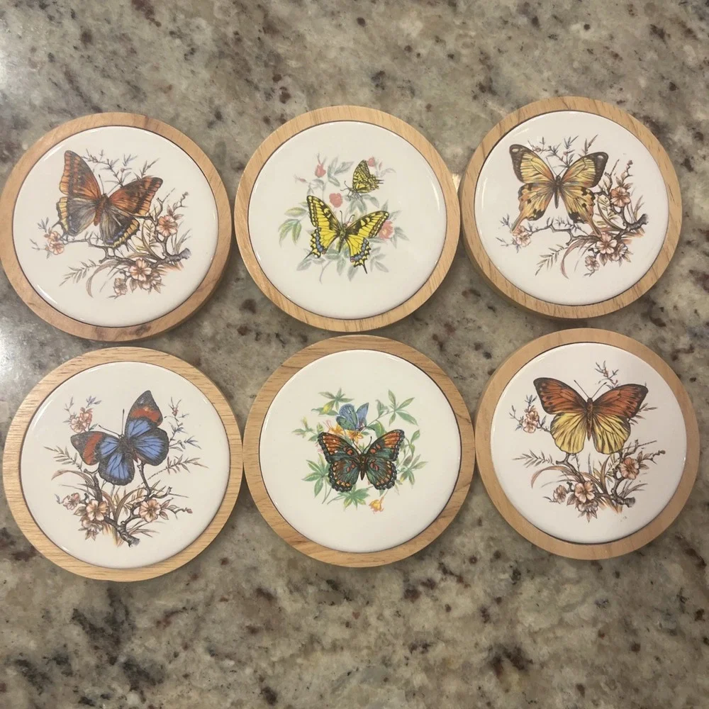 Butterfly Coasters Wood Ceramic Monarch 6‎ Designs Cottage NEW old stock